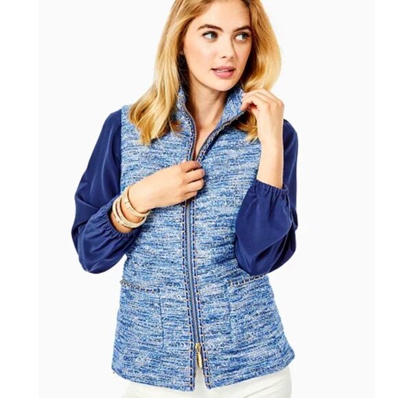 🔥Lilly Pulitzer Vest Women’s Medium Blue Thistle Noella Boucle - Picture 1 of 3
